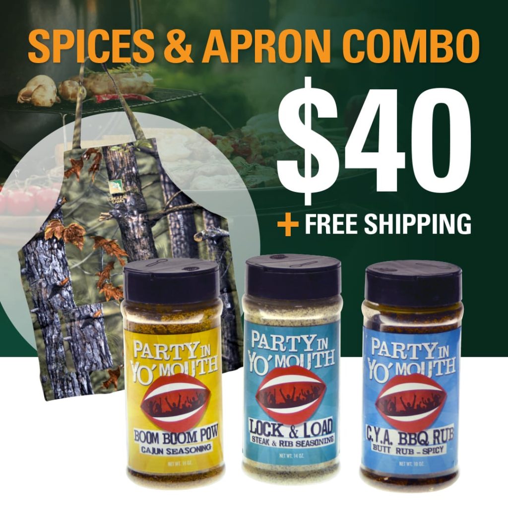 Party in Yo Mouth spice and apron combo with three seasoning blends and Longleaf Camo apron