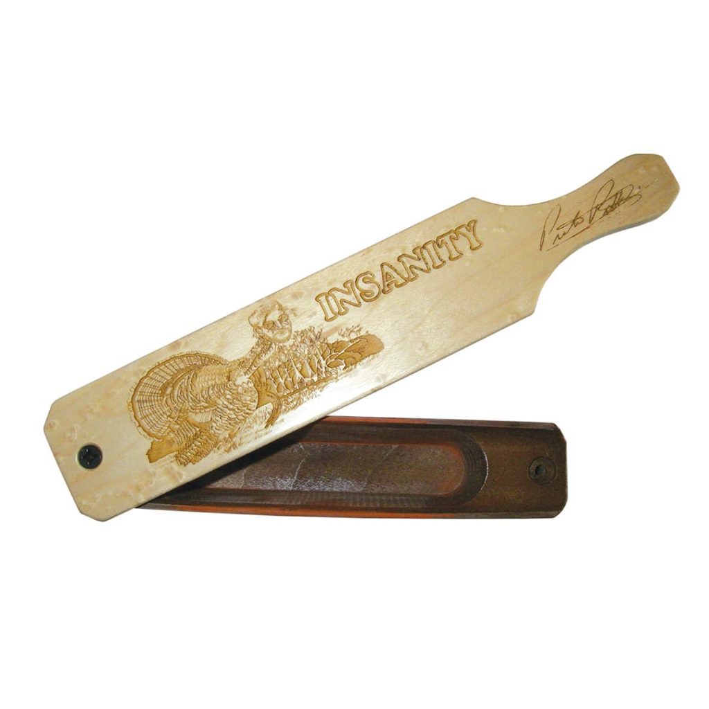 Preston’s Insanity double-sided box turkey call made from Birdseye Maple and Walnut